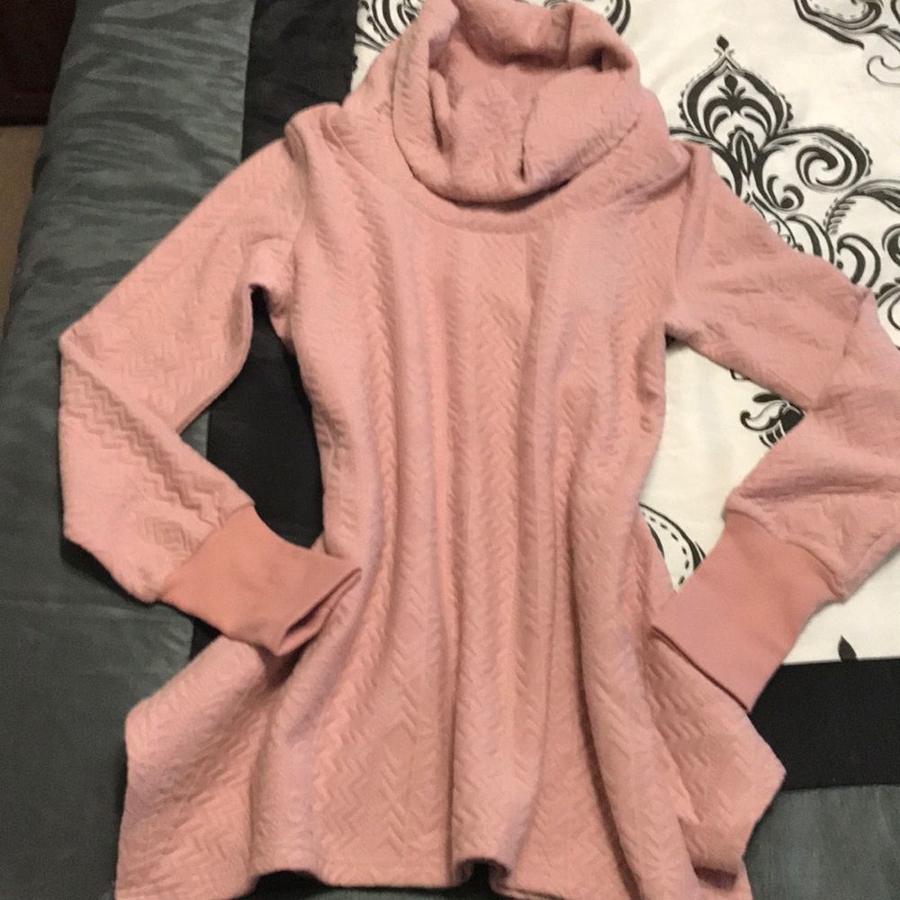 Dusty Pink Cable-Knit Cowl Neck Tunic.
